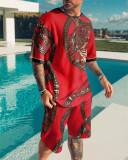 Men's Casual Colorblock Print Short Sleeve T-Shirt and Shorts Two-Piece Set