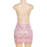 Women Sexy Halter Neck Backless Sequined Tassel Dress