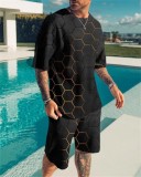 Men's Casual Colorblock Print Short Sleeve T-Shirt and Shorts Two-Piece Set