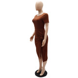 Women Solid T-Shirt and Slit Skirt Two-Piece Set