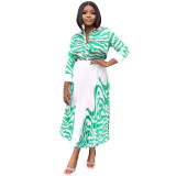 Women zebra print long-sleeved shirt and pleated skirt two-piece set