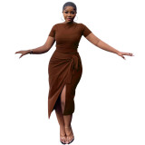 Women Solid T-Shirt and Slit Skirt Two-Piece Set