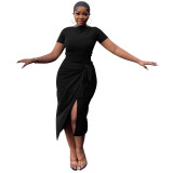 Women Solid T-Shirt and Slit Skirt Two-Piece Set