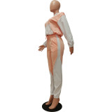 Women'S Patchwork Contrasting Hoodie Sport Casual Two Piece Pants Set