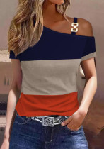 Women summer simple short-sleeved metal button printed T-shirt