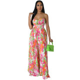 Women Summer Off Shoulder Print Pleated Jumpsuit