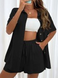 Women Solid Short Sleeve Shirt and Shorts Two-Piece Set