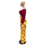 Patchwork Off Shoulder Long Sleeve Fashion High Waist Print Hollow Out Casual Jumpsuit