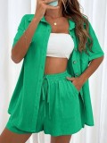 Women Solid Short Sleeve Shirt and Shorts Two-Piece Set