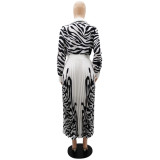 Women zebra print long-sleeved shirt and pleated skirt two-piece set