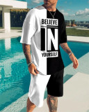 Men's Casual Colorblock Print Short Sleeve T-Shirt and Shorts Two-Piece Set