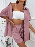 Women Solid Short Sleeve Shirt and Shorts Two-Piece Set