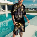 Men's Casual Colorblock Print Short Sleeve T-Shirt and Shorts Two-Piece Set