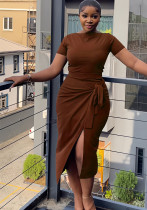 Women Solid T-Shirt and Slit Skirt Two-Piece Set Women Solid T-Shirt and Slit Skirt Two-Piece Set