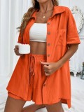 Women Solid Short Sleeve Shirt and Shorts Two-Piece Set