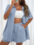 Women Solid Short Sleeve Shirt and Shorts Two-Piece Set
