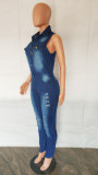 Sexy Fashion Denim Ripped Sleeveless Jumpsuit
