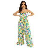 Women Summer Off Shoulder Print Pleated Jumpsuit