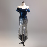 Short Sleeve Off Shoulder Dress See-Through L Gradient Beaded Dress Wedding Formal Party Party Dress