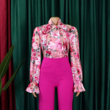 Women's Fashion Chic Slim Fit Printed Lace-Up Plus Size African Shirt