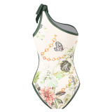 Women's Swimwear Elegant Print Patchwork Contrast Beach Sunscreen Skirt One Shoulder Two Piece Swimwear