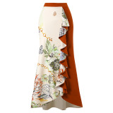 Women's Swimwear Elegant Print Patchwork Contrast Beach Sunscreen Skirt One Shoulder Two Piece Swimwear