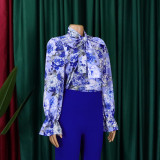 Women's Fashion Chic Slim Fit Printed Lace-Up Plus Size African Shirt