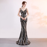 High end sequin stripe color slim fitting dinner party annual meeting suspender long dress