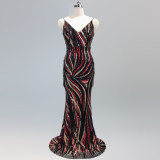 High end sequin stripe color slim fitting dinner party annual meeting suspender long dress