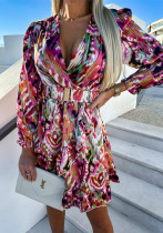 Fashion Print Slim Waist V-Neck Long Sleeve Dress