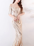 High end sequin stripe color matching slim fitting dinner party annual dress long woman