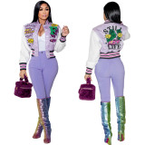 Positioning Print Ribbed Fashion Women's Top Baseball Jacket