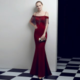 Bridal Toast Dress Fashion Fishtail Slim Fit Long Formal Party Elegant Red Evening Dress