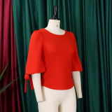 Women's Spring Fashion Chic Slim Fit Solid Lace-Up Bubble Sleeve Shirt