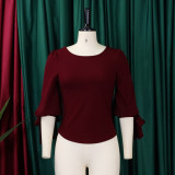 Women's Spring Fashion Chic Slim Fit Solid Lace-Up Bubble Sleeve Shirt