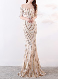 High end sequin stripe color matching slim fitting dinner party annual dress long woman
