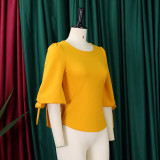 Women's Spring Fashion Chic Slim Fit Solid Lace-Up Bubble Sleeve Shirt