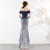 Short Sleeve Off Shoulder Dress See-Through L Gradient Beaded Dress Wedding Formal Party Party Dress