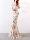 High end sequin stripe color matching slim fitting dinner party annual dress long woman
