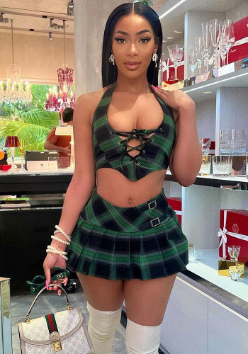 Women's Set Sexy Lace-Up Beach Party Holidays Halter Neck Pleated Skirt Set