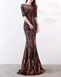 High end sequin stripe color matching slim fitting dinner party annual dress long woman