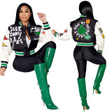 Positioning Print Ribbed Fashion Women's Top Baseball Jacket