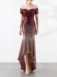 Short Sleeve Off Shoulder Dress See-Through L Gradient Beaded Dress Wedding Formal Party Party Dress