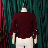 Women's Spring Fashion Chic Slim Fit Solid Lace-Up Bubble Sleeve Shirt