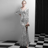 Long Deep V Long Sleeve Split Night Club Show Host Car Model Sequins Evening Dress