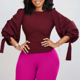 Women's Spring Fashion Chic Slim Fit Solid Lace-Up Bubble Sleeve Shirt