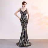 High end sequin stripe color slim fitting dinner party annual meeting suspender long dress
