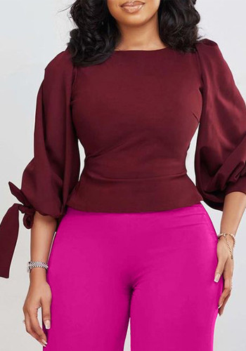 Women's Spring Fashion Chic Slim Fit Solid Lace-Up Bubble Sleeve Shirt