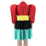 Patchwork Contrast Bubble Sleeve Swing Dress Plus Size Women's Dress