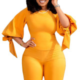 Women's Spring Fashion Chic Slim Fit Solid Lace-Up Bubble Sleeve Shirt